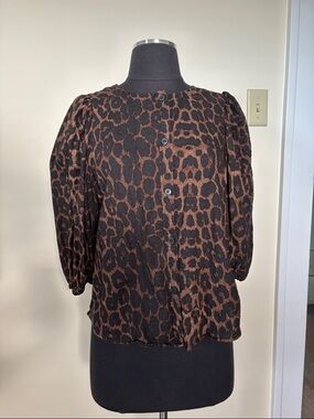 Leopard Print Linen Blend Button-Front Blouse Puff Shoulders